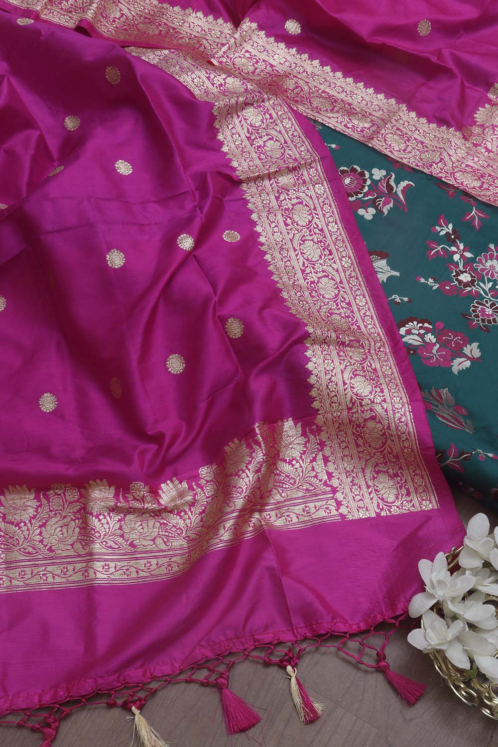 Green Banarasi Kimkhwab Silk Meenakari Suit With Banarasi Pure Katan Silk Kadwa Dupatta - Luxurion World