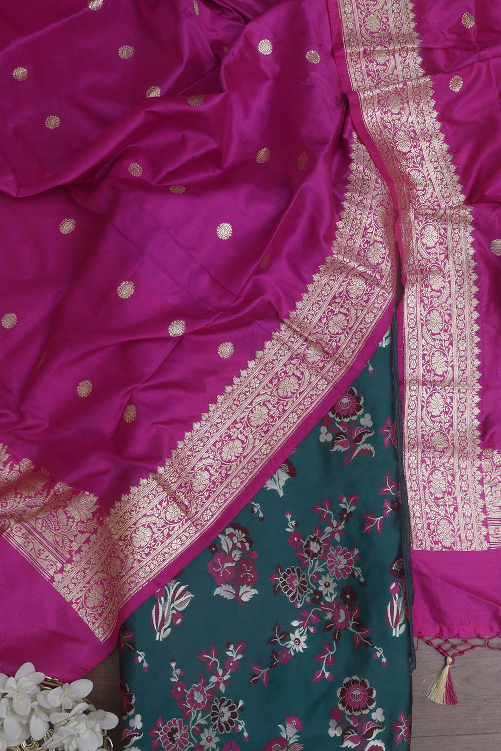 Green Banarasi Kimkhwab Silk Meenakari Suit With Banarasi Pure Katan Silk Kadwa Dupatta - Luxurion World