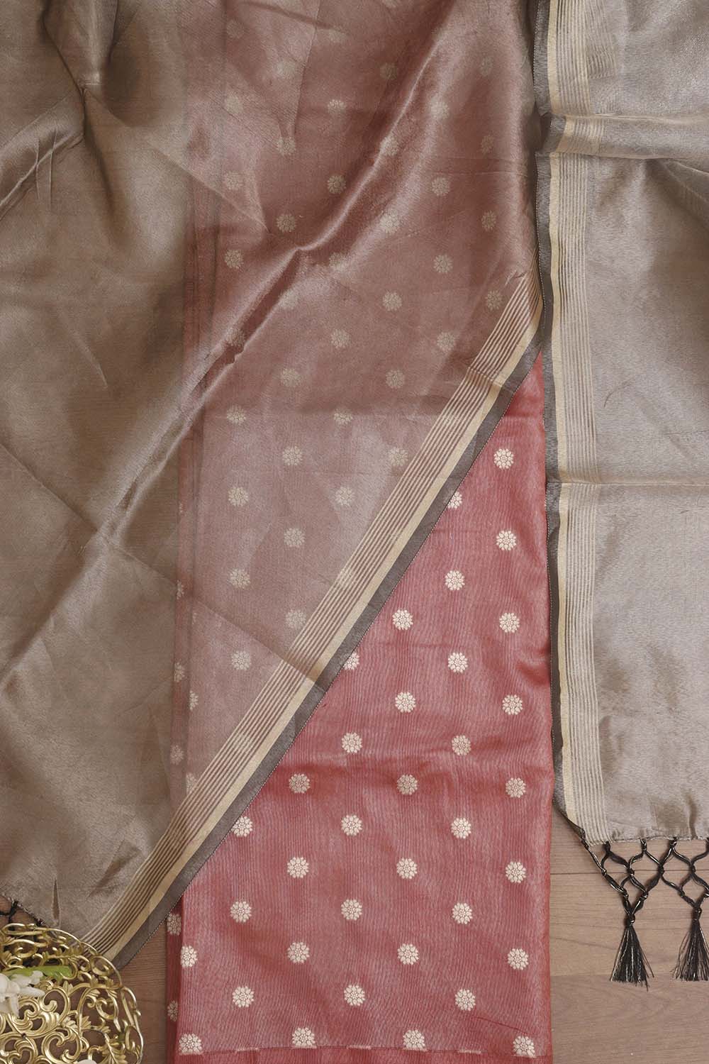 Maroon Banarasi Tissue Silk with Zari Booti Suit With Banarasi Plain Tissue Dupatta - Luxurion World
