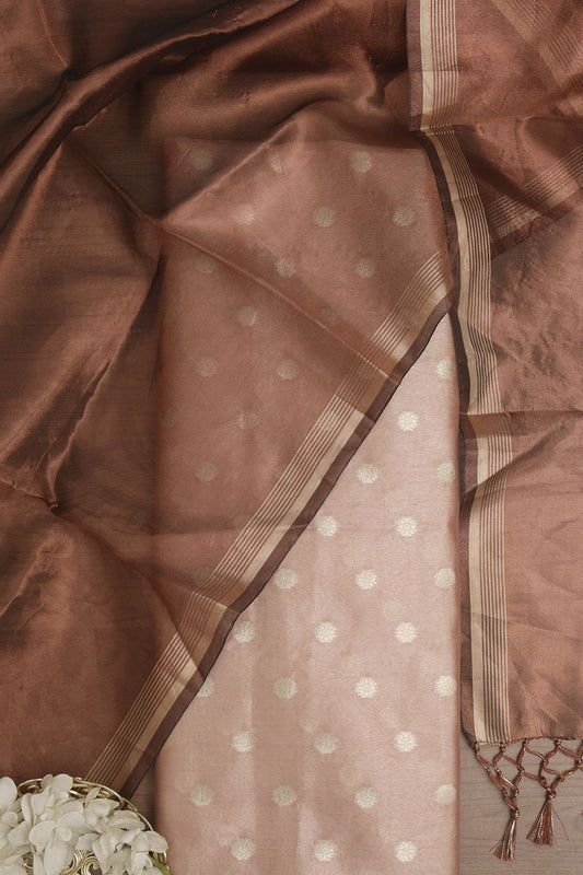 Pink Banarasi Tissue Silk Zari Booti Suit With Banarasi Plain Tissue Dupatta - Luxurion World