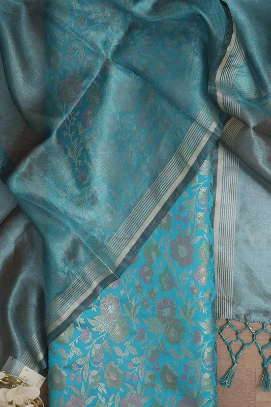 Blue Banarasi Silk Tanchui Jamawar Suit With Banarasi Plain Tissue Dupatta - Luxurion World