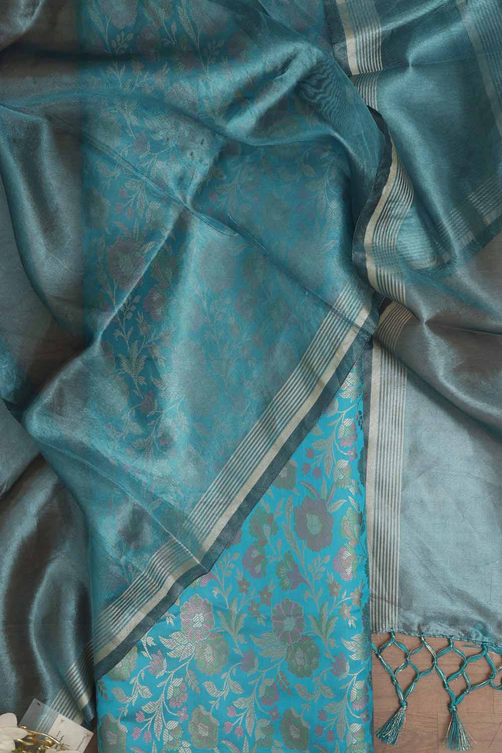 Blue Banarasi Silk Tanchui Jamawar Suit With Banarasi Plain Tissue Dupatta - Luxurion World