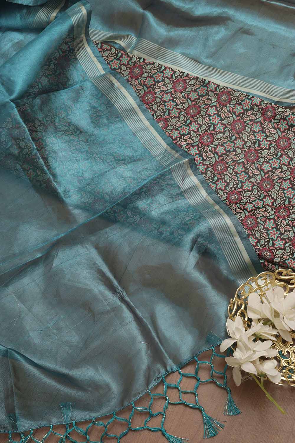 Black Banarasi Silk Tanchui Jamawar Suit With Banarasi Plain Tissue Dupatta - Luxurion World