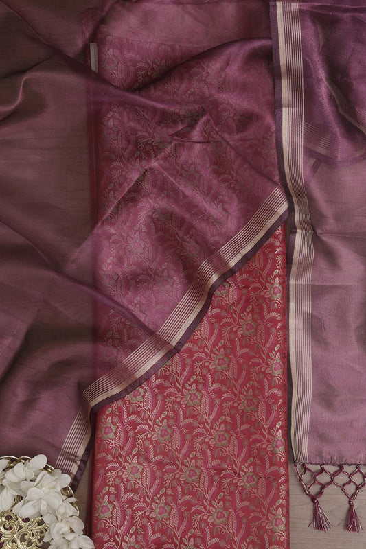 Pink Banarasi Silk Tanchui Jamawar Suit With Banarasi Plain Tissue Dupatta - Luxurion World