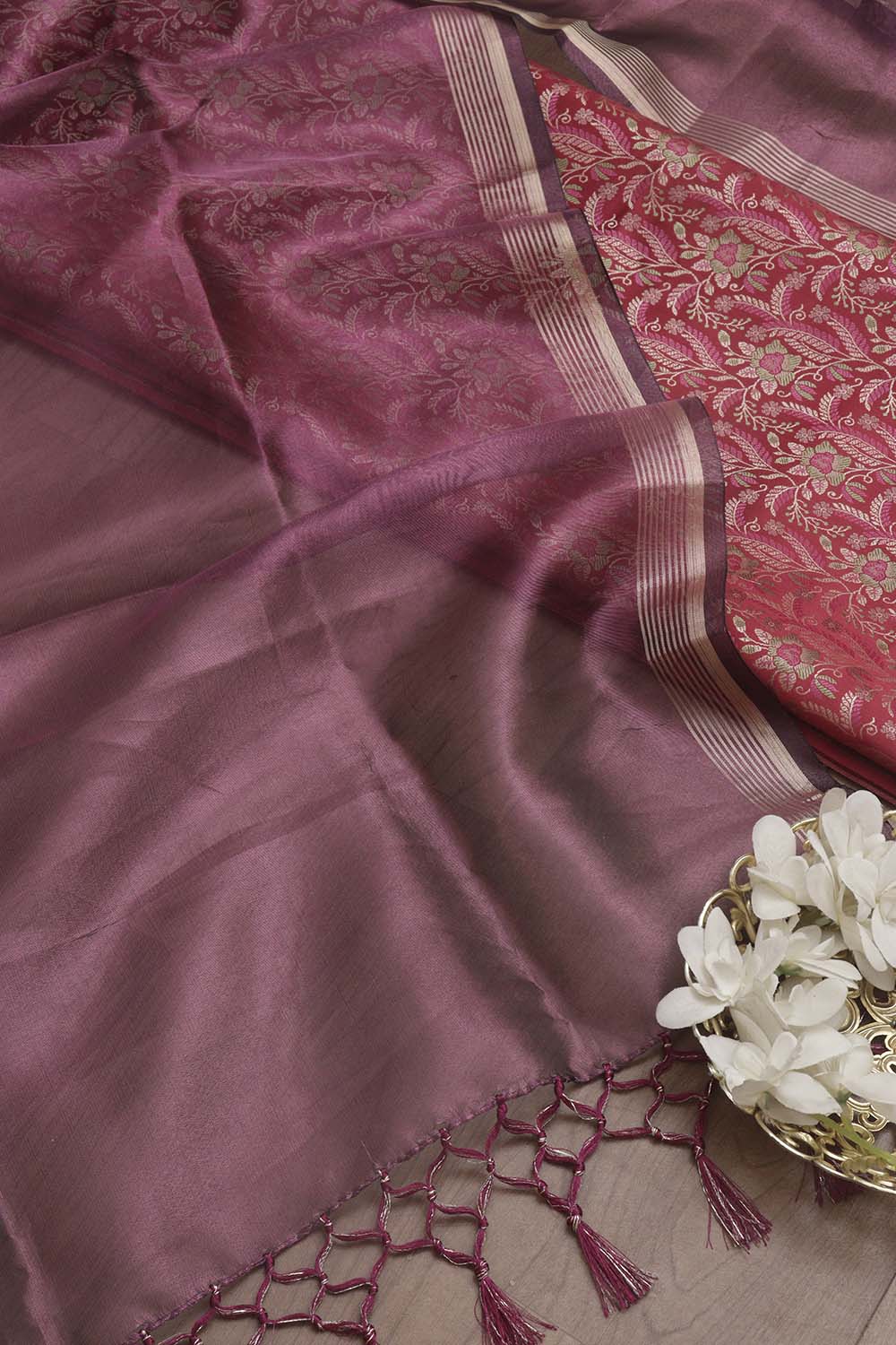 Pink Banarasi Silk Tanchui Jamawar Suit With Banarasi Plain Tissue Dupatta - Luxurion World