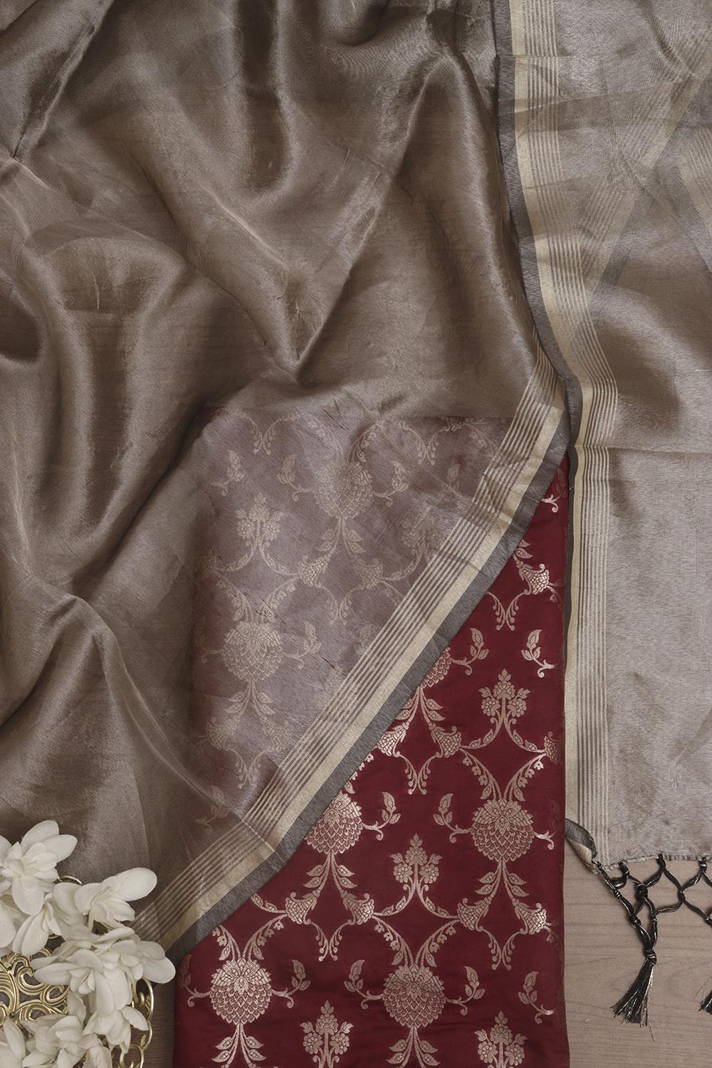 Maroon Banarasi Silk Jaal Work Suit With Banarasi Plain Tissue Dupatta - Luxurion World
