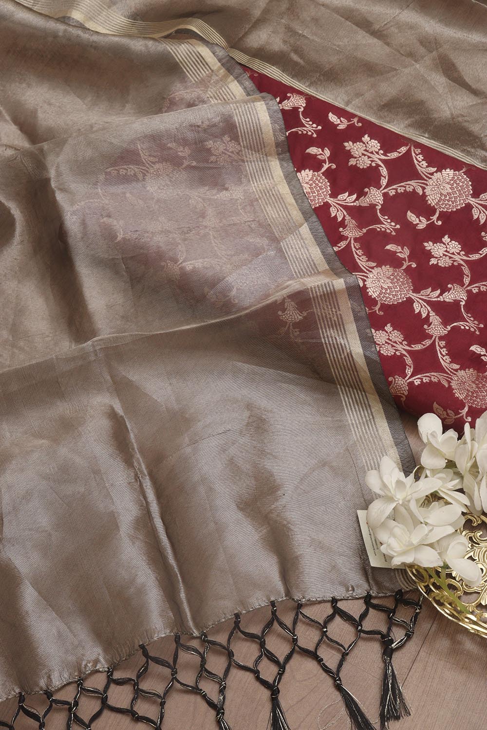 Maroon Banarasi Silk Jaal Work Suit With Banarasi Plain Tissue Dupatta - Luxurion World
