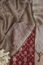 Maroon Banarasi Silk Jaal Work Suit With Banarasi Plain Tissue Dupatta - Luxurion World