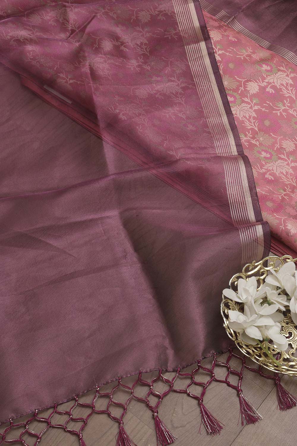 Pink Banarasi Silk Tanchui Jamawar Suit With Banarasi Plain Tissue Dupatta - Luxurion World
