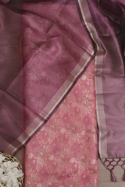 Pink Banarasi Silk Tanchui Jamawar Suit With Banarasi Plain Tissue Dupatta - Luxurion World