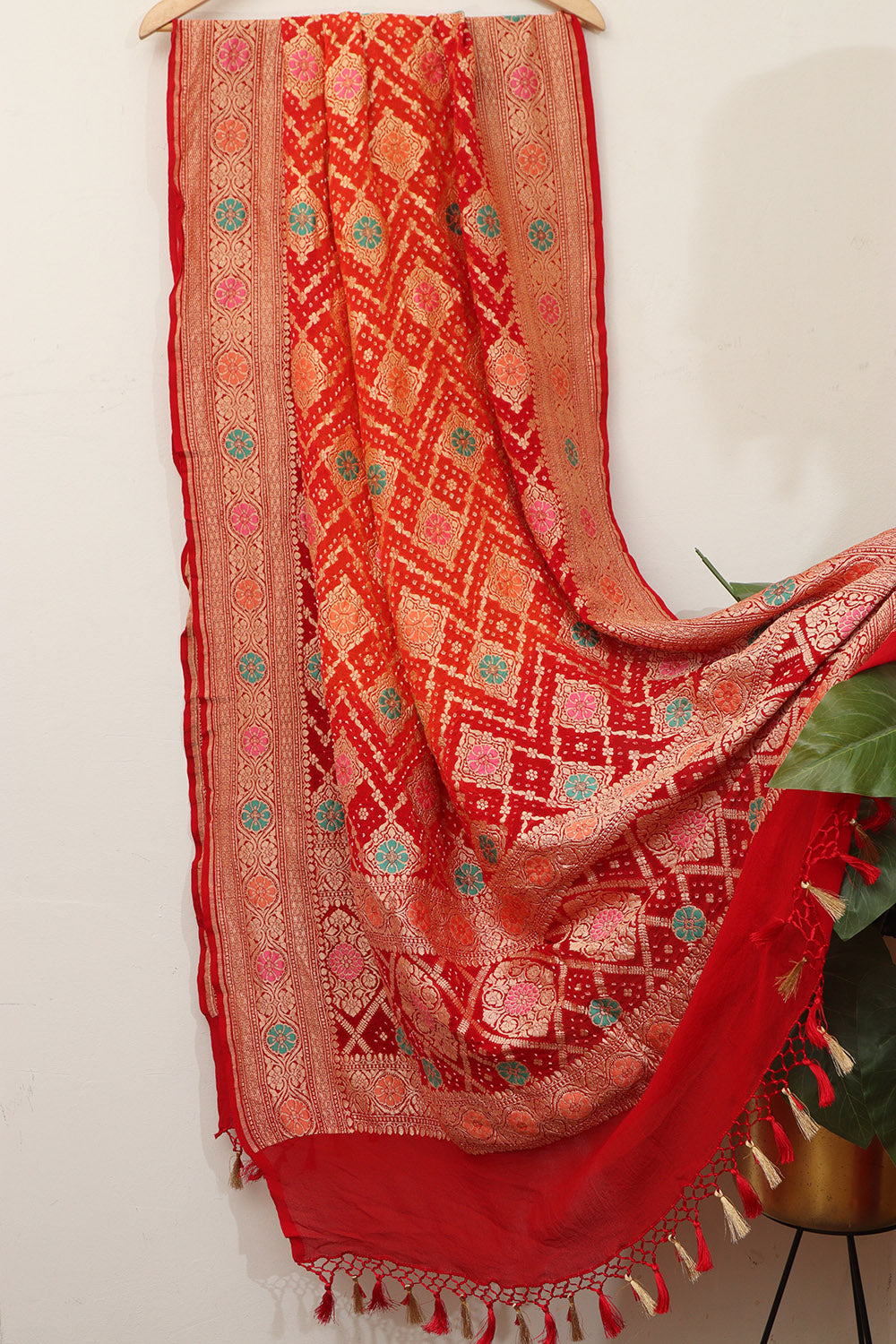 Orange Plain Silk Suit With Banarasi Bandhani Pure Georgette Dupatta - Luxurion World