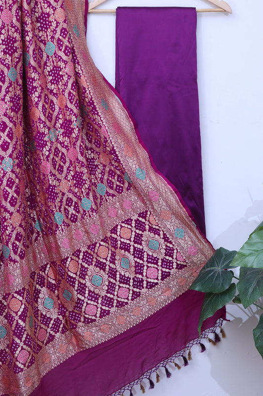 Purple Plain Silk Suit With Banarasi Bandhani Pure Georgette Dupatta - Luxurion World