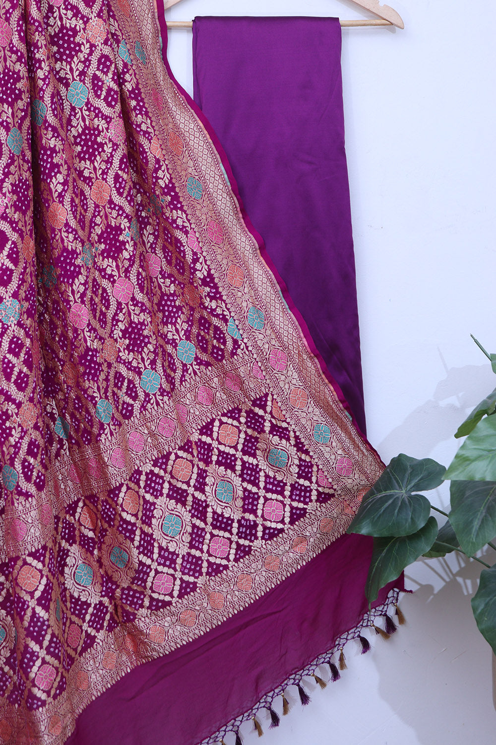 Purple Plain Silk Suit With Banarasi Bandhani Pure Georgette Dupatta - Luxurion World
