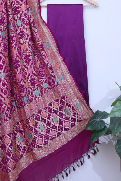 Purple Plain Silk Suit With Banarasi Bandhani Pure Georgette Dupatta - Luxurion World