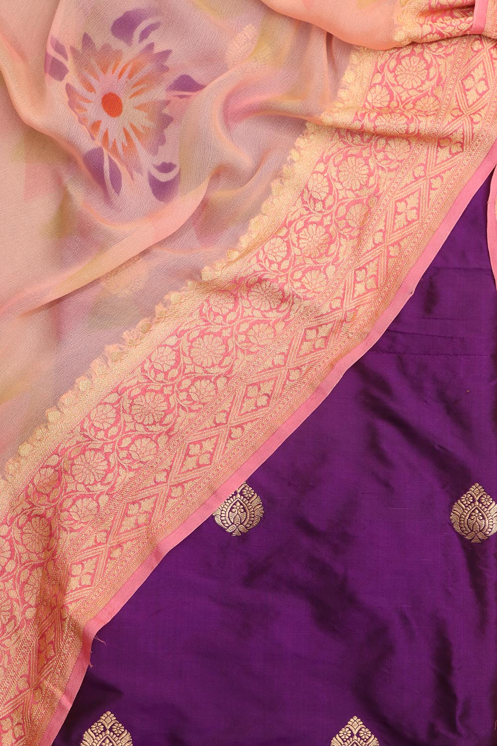 Elegant Purple Banarasi Handloom Silk Suit With Peach Banarasi Handloom Pure Georgette Brush Dye Dupatta - Luxurion World