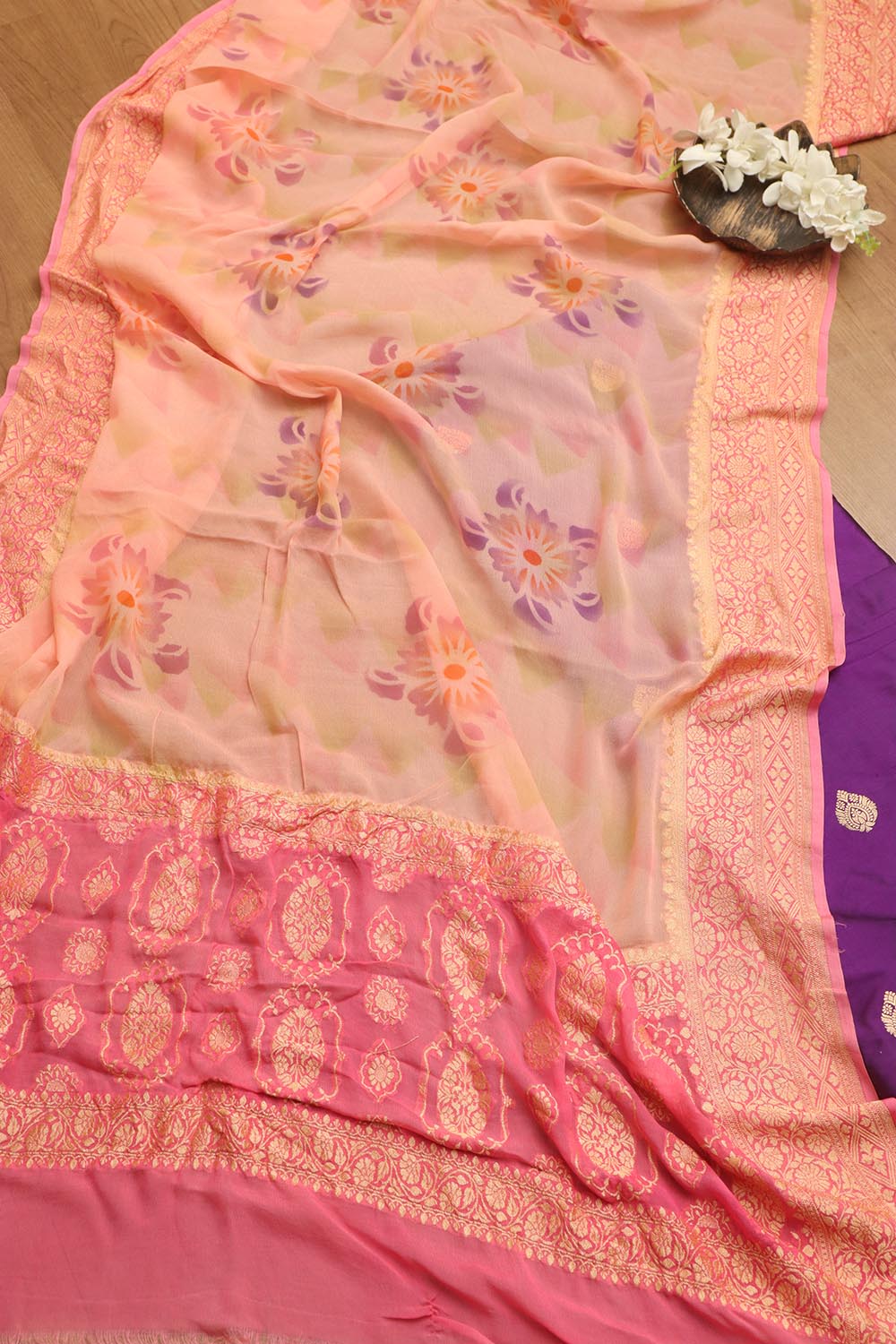 Elegant Purple Banarasi Handloom Silk Suit With Peach Banarasi Handloom Pure Georgette Brush Dye Dupatta - Luxurion World