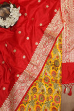 Stunning Yellow Banarasi Kimkhwab Silk Meenakari Suit With Red Handloom Banarasi Pure Katan Silk Dupatta - Luxurion World