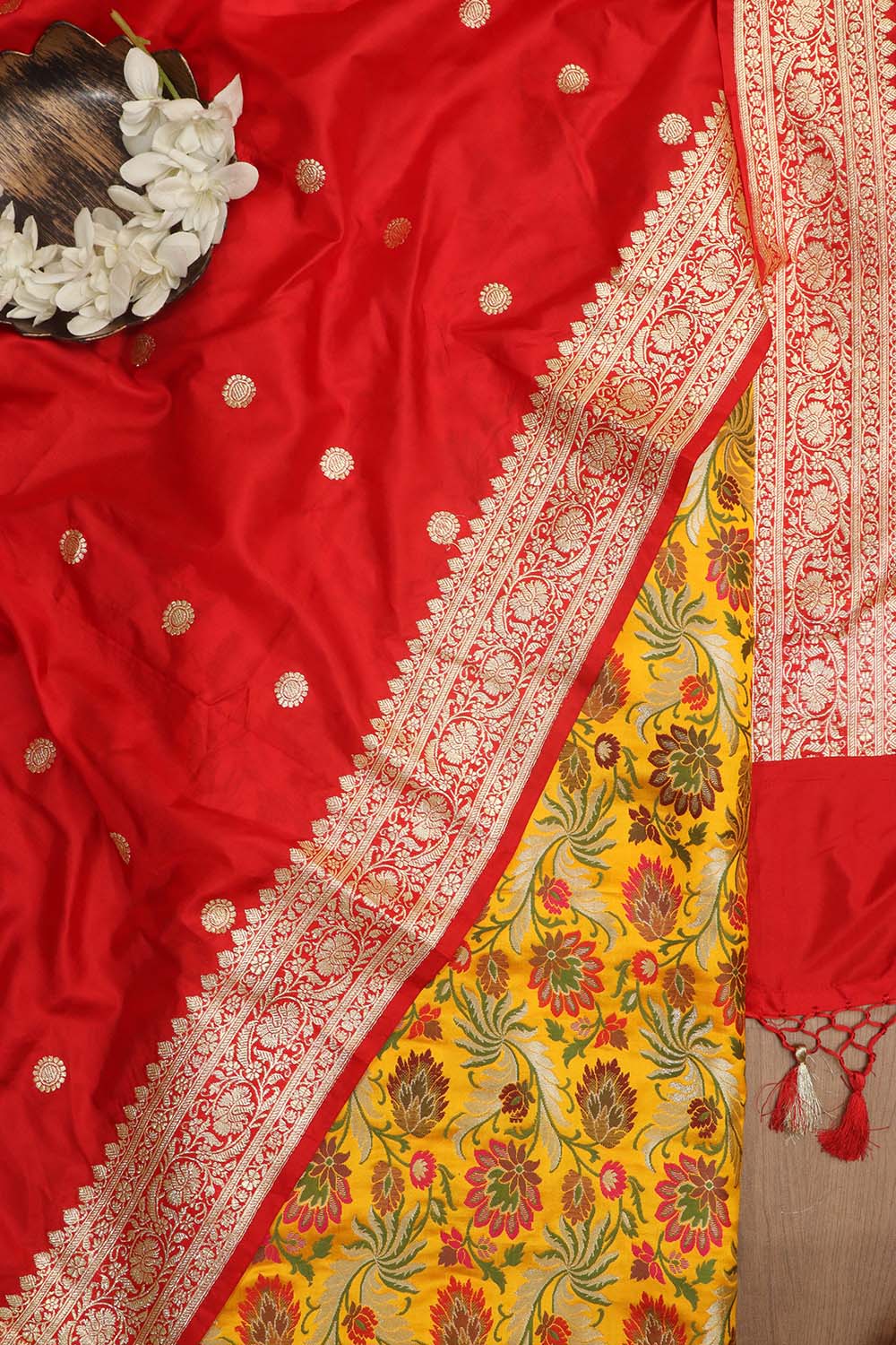 Stunning Yellow Banarasi Kimkhwab Silk Meenakari Suit With Red Handloom Banarasi Pure Katan Silk Dupatta - Luxurion World