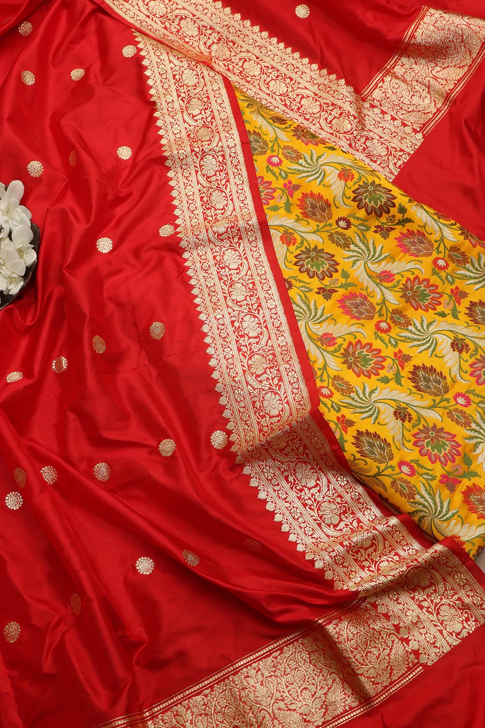 Stunning Yellow Banarasi Kimkhwab Silk Meenakari Suit With Red Handloom Banarasi Pure Katan Silk Dupatta - Luxurion World