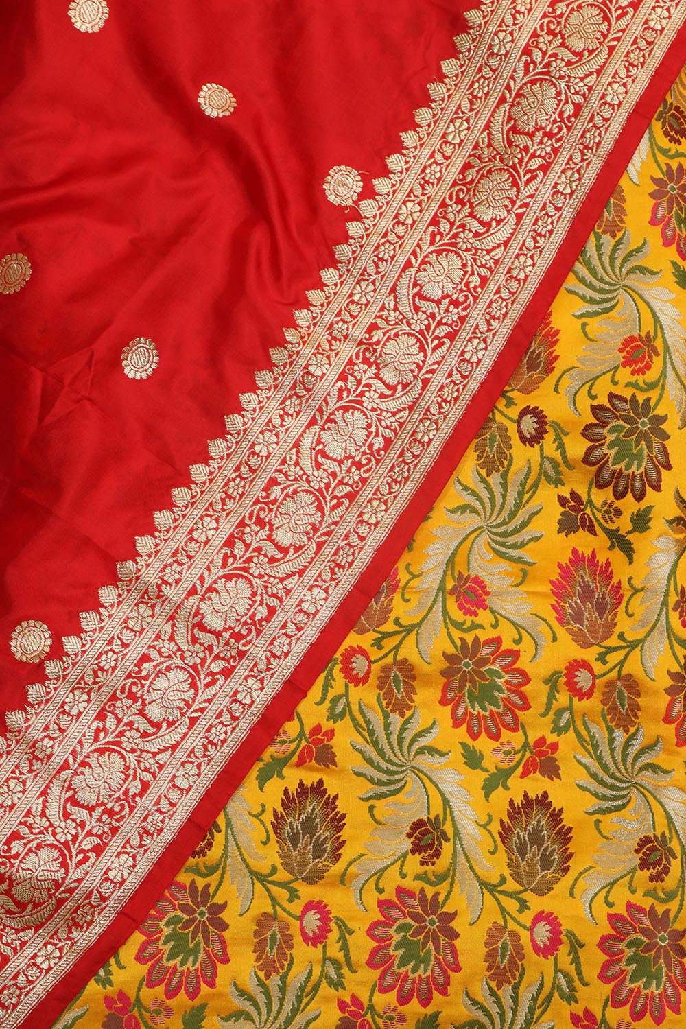 Stunning Yellow Banarasi Kimkhwab Silk Meenakari Suit With Red Handloom Banarasi Pure Katan Silk Dupatta - Luxurion World