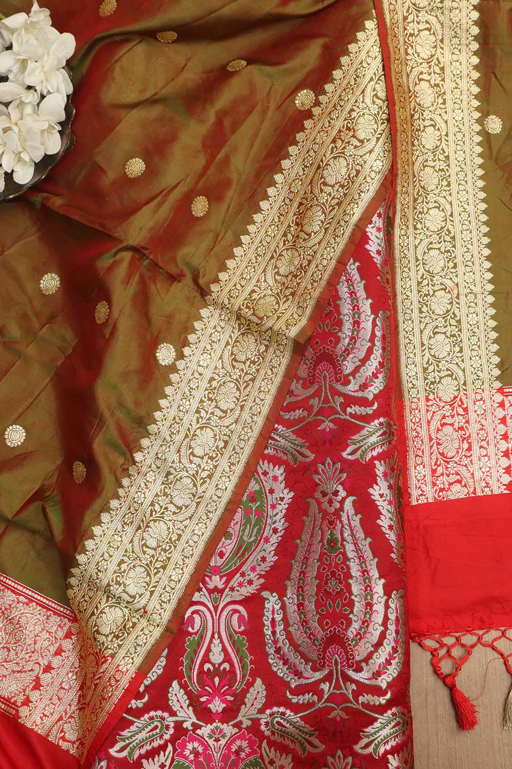 Exquisite Red Banarasi Kimkhwab Silk Meenakari Suit With Banarasi Pure Katan Silk Dupatta - Luxurion World