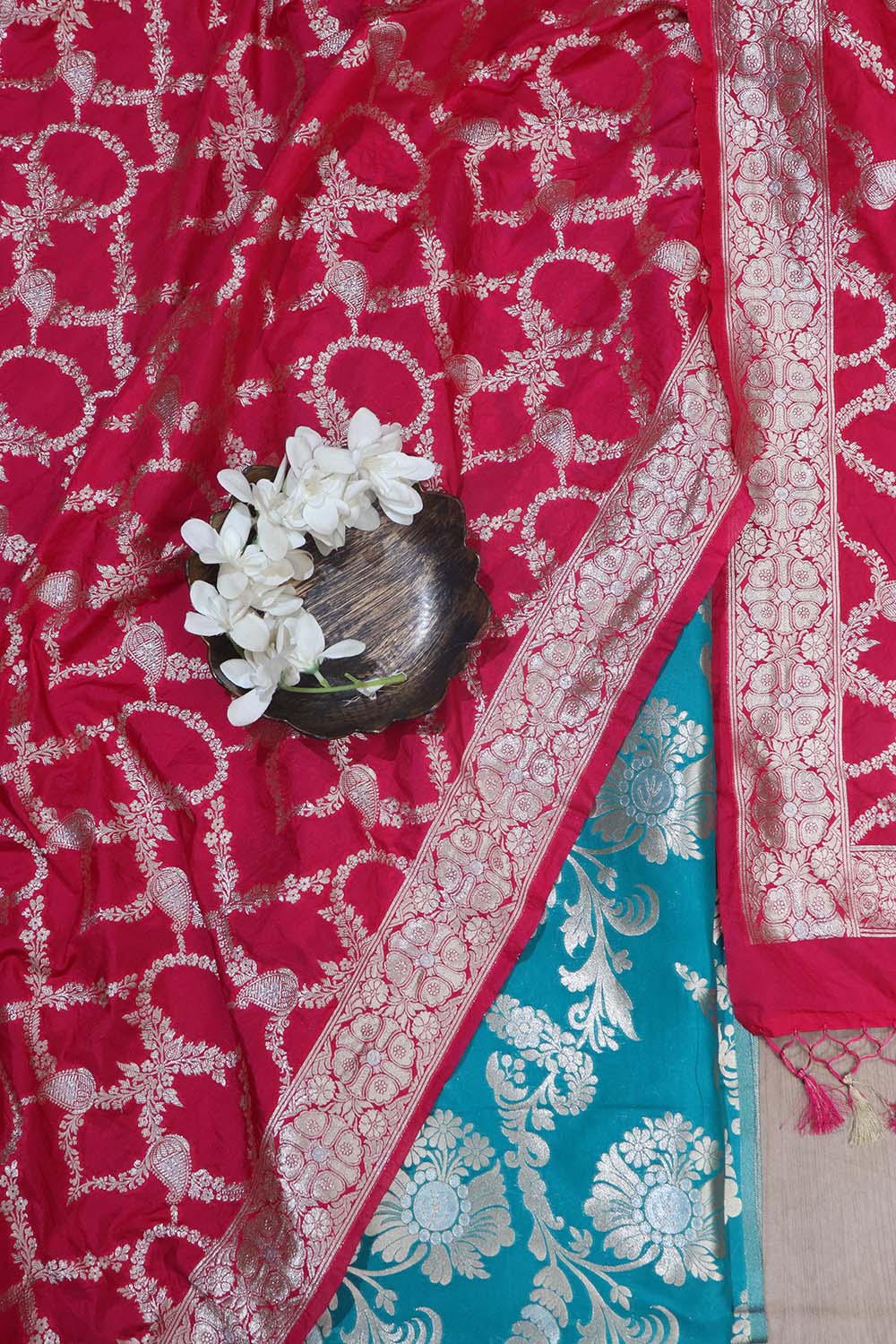 Green Banarasi Silk Suit With Pink Banarasi Silk Dupatta - Luxurion World