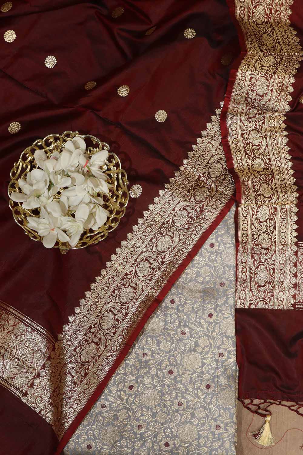 Graceful Grey Banarasi Silk Suit With Banarasi Handloom Pure Katan Silk Dupatta - Luxurion World