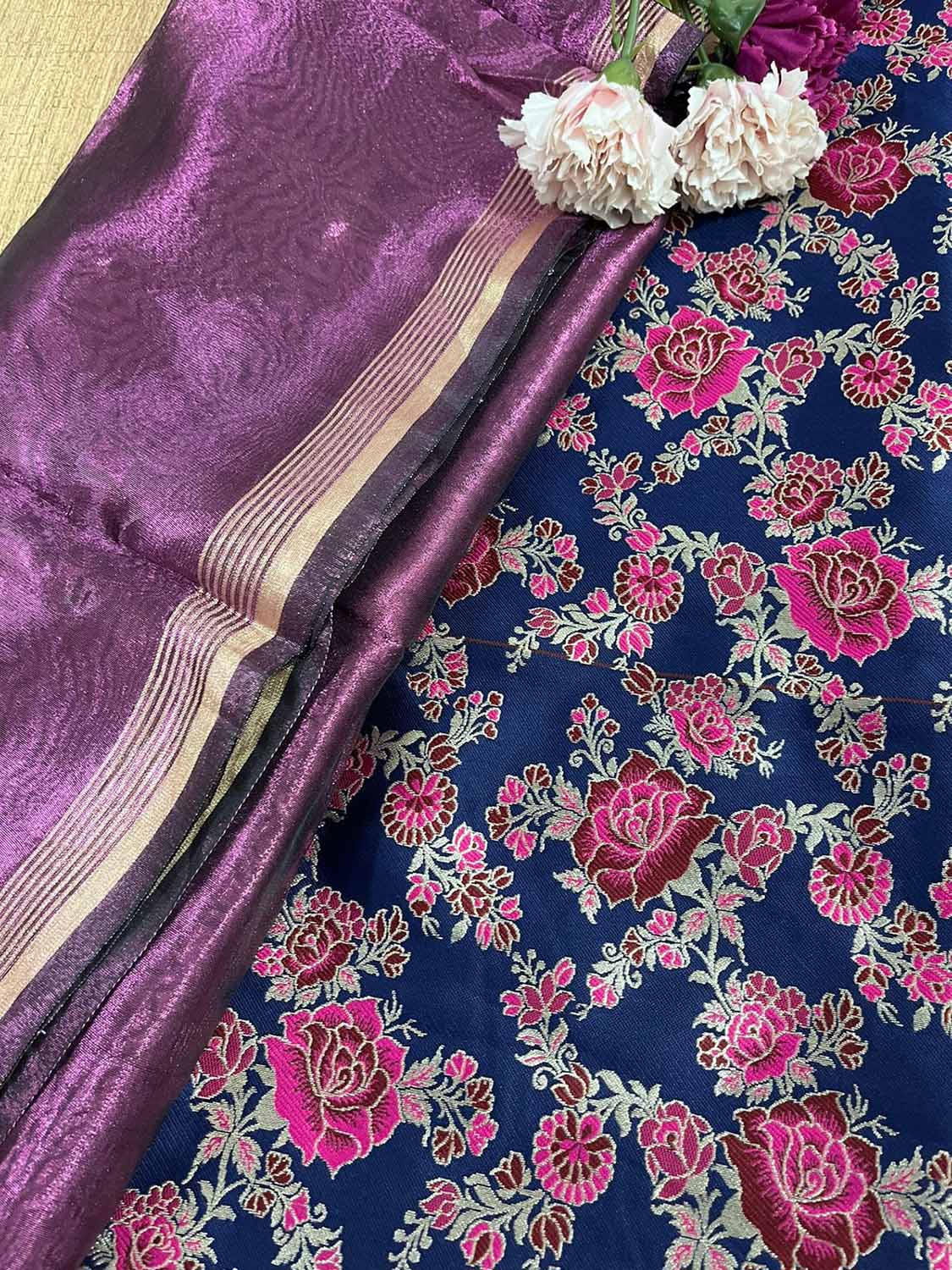Exquisite Blue Banarasi Silk Meenakari Suit With Banarasi Plain Tissue Dupatta - Luxurion World