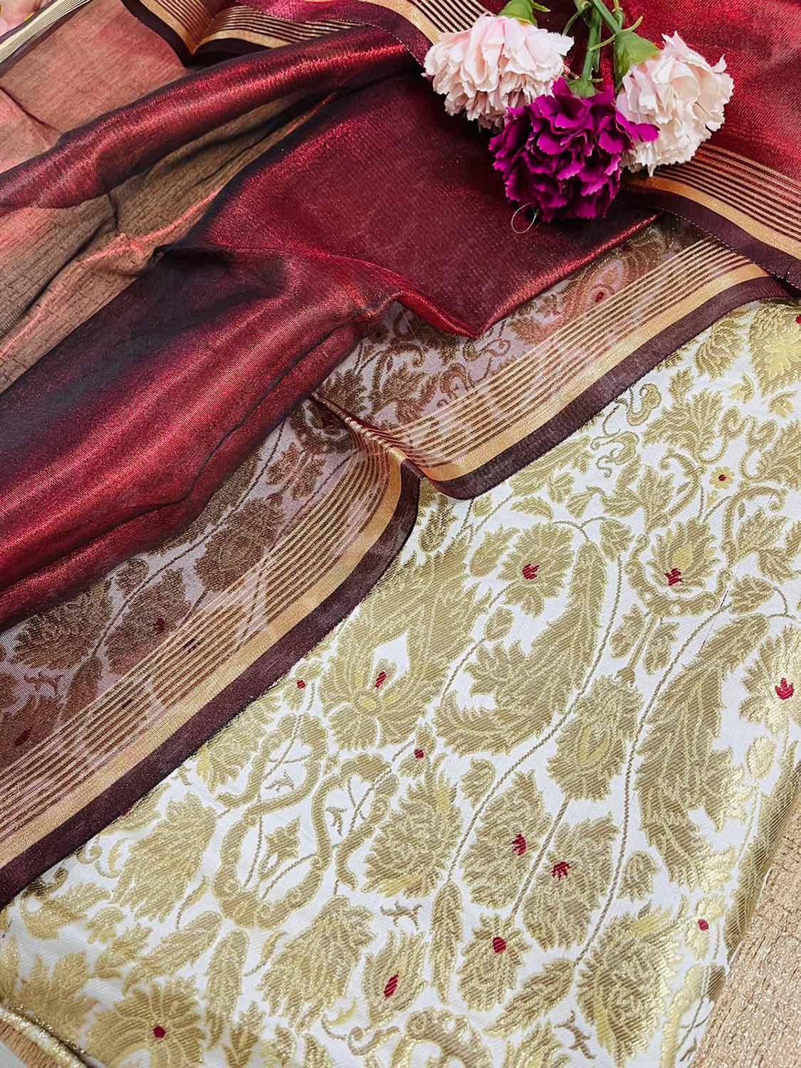 Stunning White Banarasi Kimkhwab Silk Meenakari Suit With Banarasi Plain Tissue Dupatta - Luxurion World