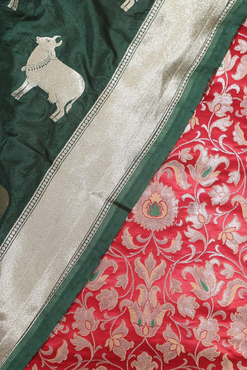 Red Banarasi KimKhwab Silk Suit With Green Banarasi Silk Cow Design Dupatta - Luxurion World