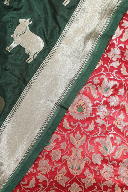 Red Banarasi KimKhwab Silk Suit With Green Banarasi Silk Cow Design Dupatta - Luxurion World