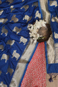 Red Banarasi Silk Satin Zari Brocade Suit With Blue Banarasi Silk Cow Design Dupatta - Luxurion World