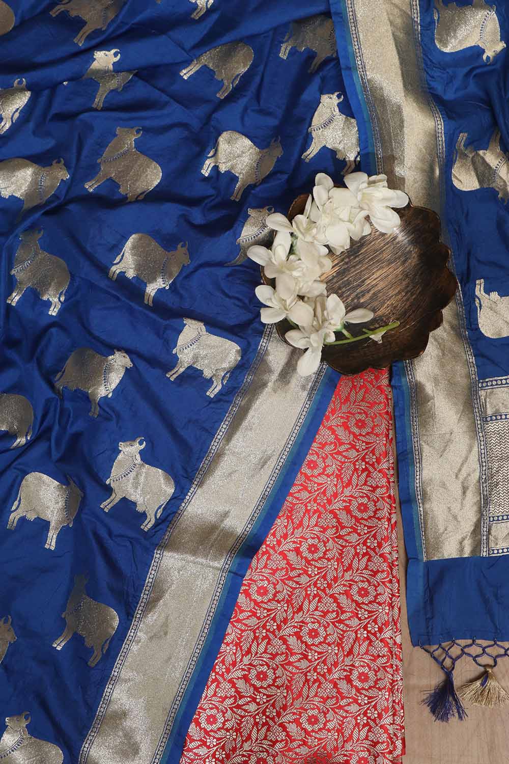 Red Banarasi Silk Satin Zari Brocade Suit With Blue Banarasi Silk Cow Design Dupatta - Luxurion World