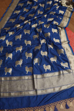 Red Banarasi Silk Satin Zari Brocade Suit With Blue Banarasi Silk Cow Design Dupatta - Luxurion World