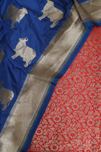 Red Banarasi Silk Satin Zari Brocade Suit With Blue Banarasi Silk Cow Design Dupatta - Luxurion World