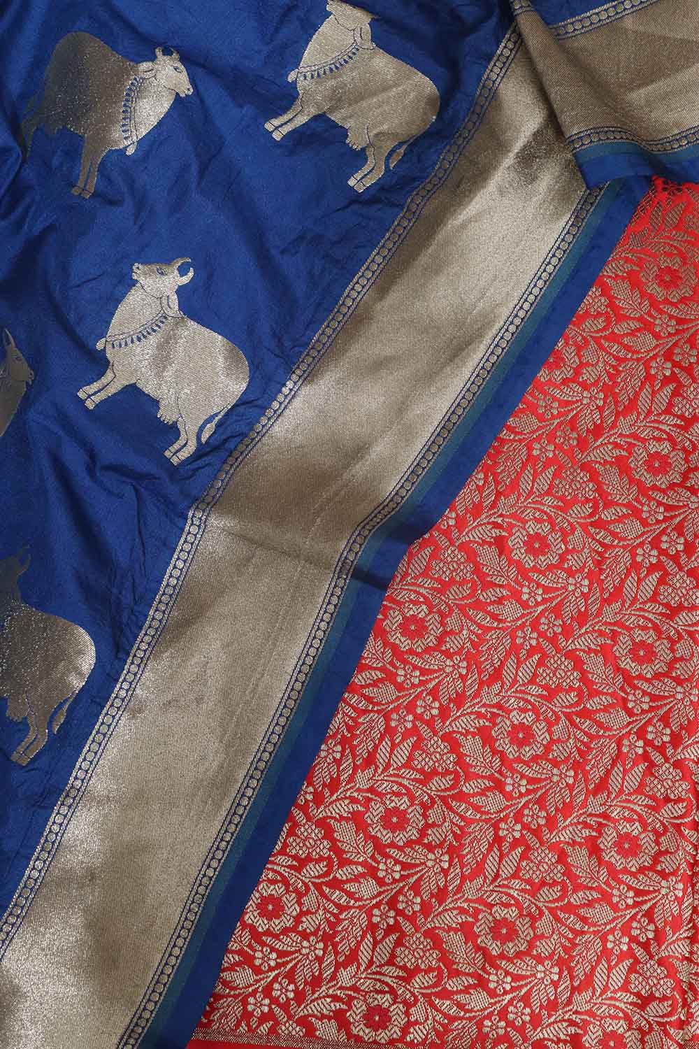 Red Banarasi Silk Satin Zari Brocade Suit With Blue Banarasi Silk Cow Design Dupatta - Luxurion World