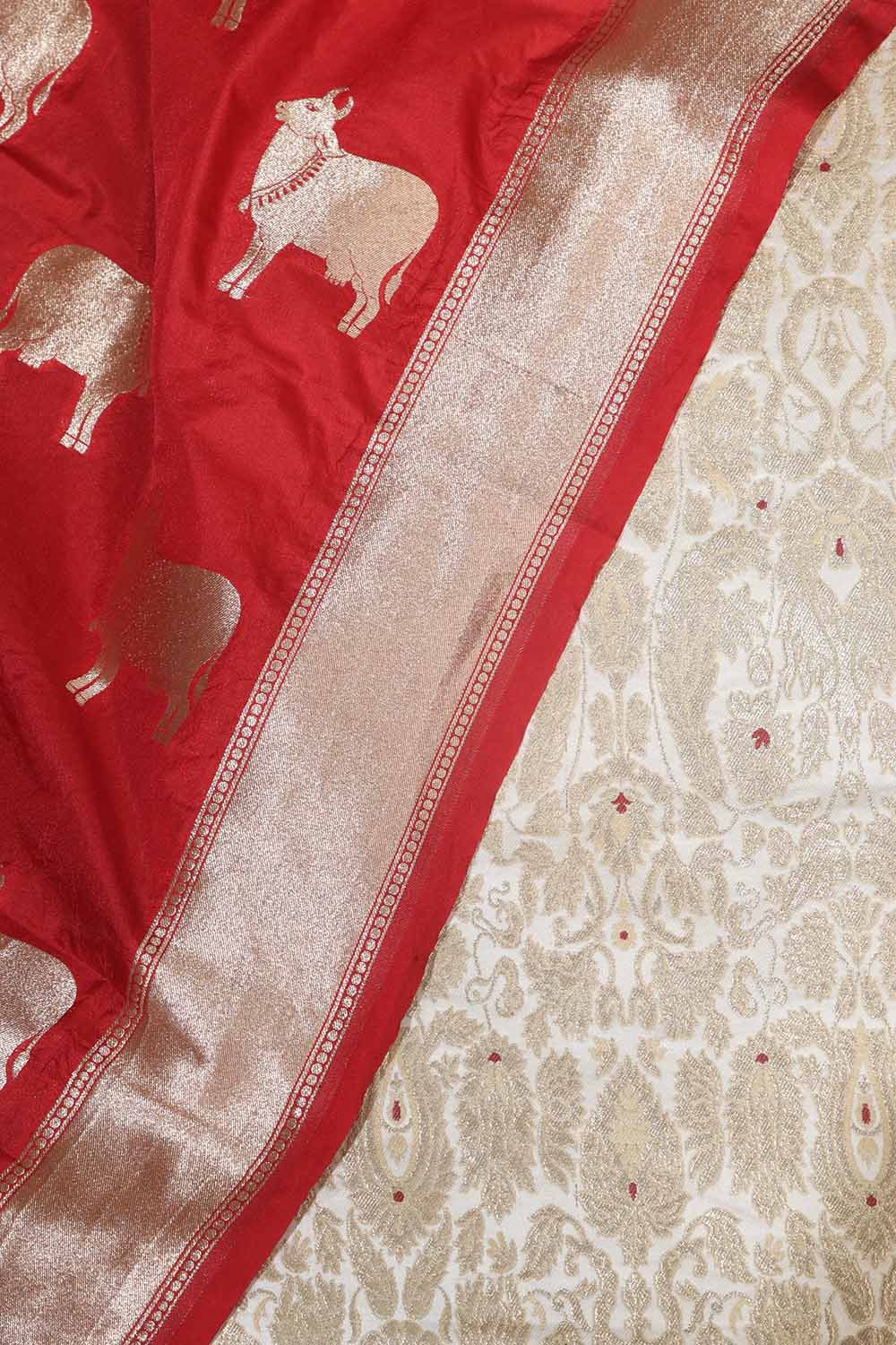 Elegant White Banarasi KimKhwab Silk Suit With Red Banarasi Silk Cow Design Dupatta - Luxurion World