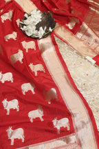 Elegant White Banarasi KimKhwab Silk Suit With Red Banarasi Silk Cow Design Dupatta - Luxurion World