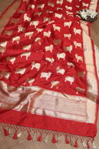Elegant White Banarasi KimKhwab Silk Suit With Red Banarasi Silk Cow Design Dupatta - Luxurion World