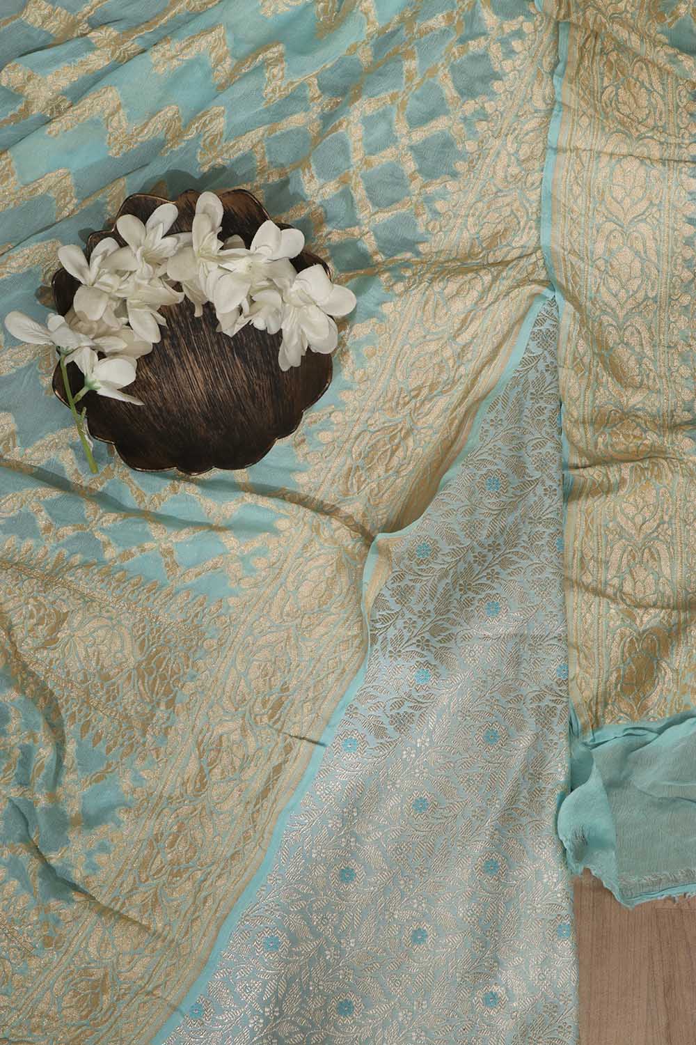 Stunning Blue Banarasi Brocade Silk Suit With Blue Handloom Banarasi Pure Georgette Dupatta - Luxurion World