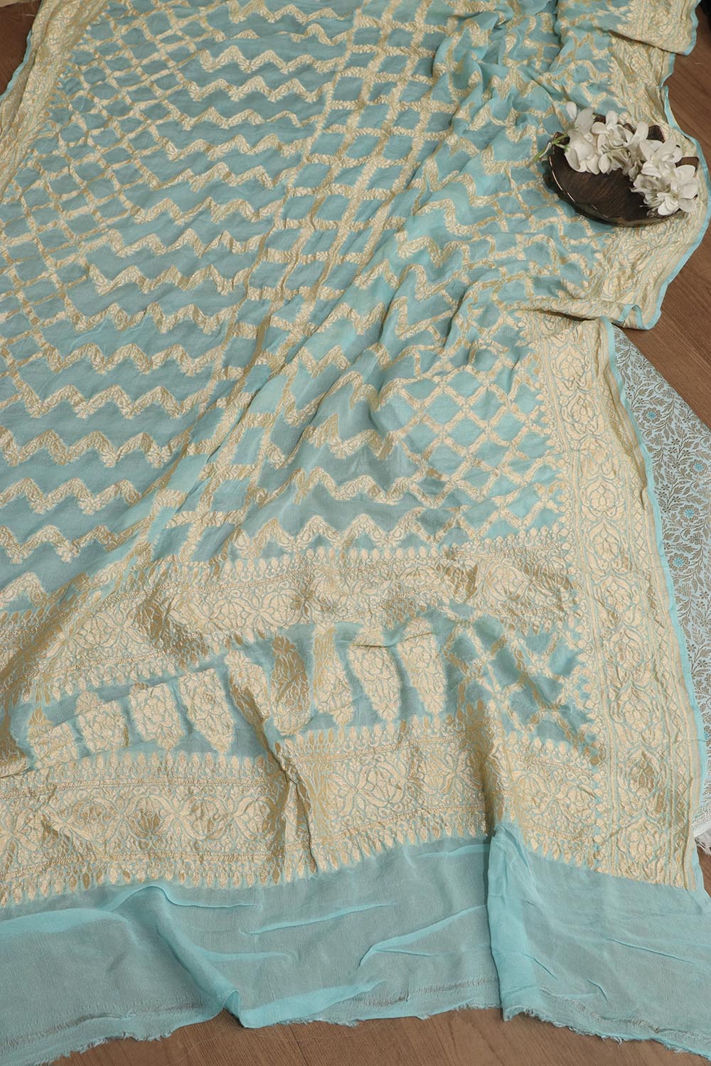 Stunning Blue Banarasi Brocade Silk Suit With Blue Handloom Banarasi Pure Georgette Dupatta - Luxurion World