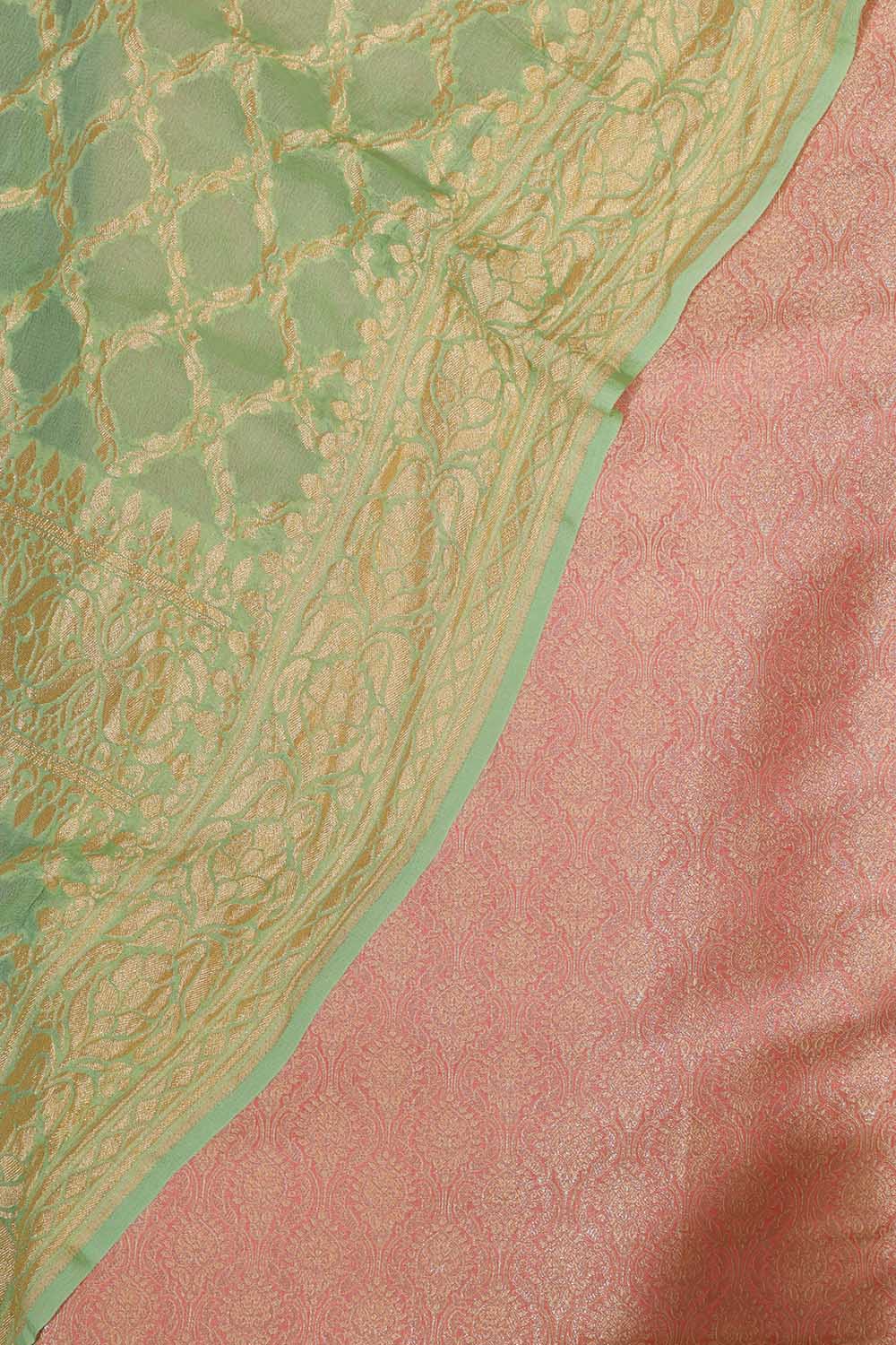 Stunning Pink Banarasi Brocade Silk Suit With Green Handloom Banarasi Pure Georgette Dupatta - Luxurion World