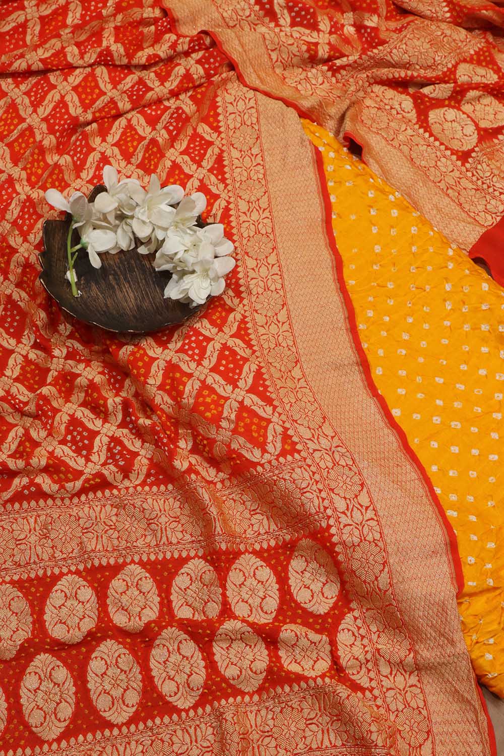 Yellow Bandhani Gajji Silk Suit With Orange Banarasi Bandhani Pure Georgette Dupatta - Luxurion World