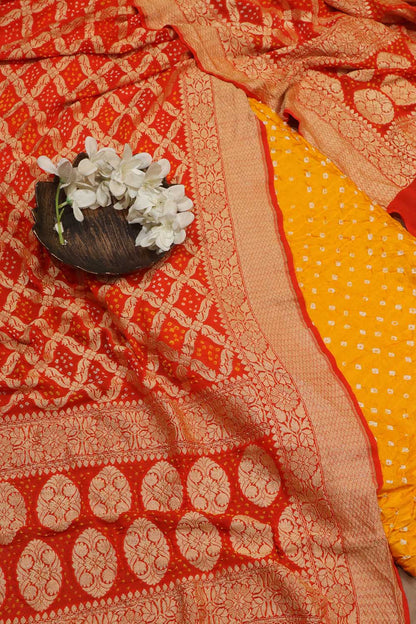 Yellow Bandhani Gajji Silk Suit With Orange Banarasi Bandhani Pure Georgette Dupatta - Luxurion World
