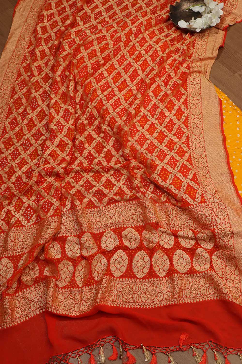 Yellow Bandhani Gajji Silk Suit With Orange Banarasi Bandhani Pure Georgette Dupatta - Luxurion World