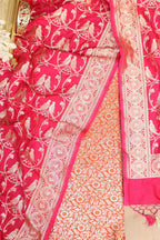 Orange Banarasi Silk Satin Zari Brocade Suit With Pink Banarasi Silk Parrot Design Dupatta - Luxurion World
