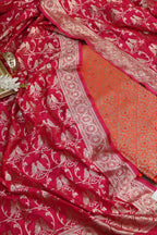Orange Banarasi Silk Satin Zari Brocade Suit With Pink Banarasi Silk Parrot Design Dupatta - Luxurion World