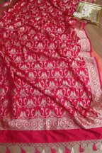 Orange Banarasi Silk Satin Zari Brocade Suit With Pink Banarasi Silk Parrot Design Dupatta - Luxurion World