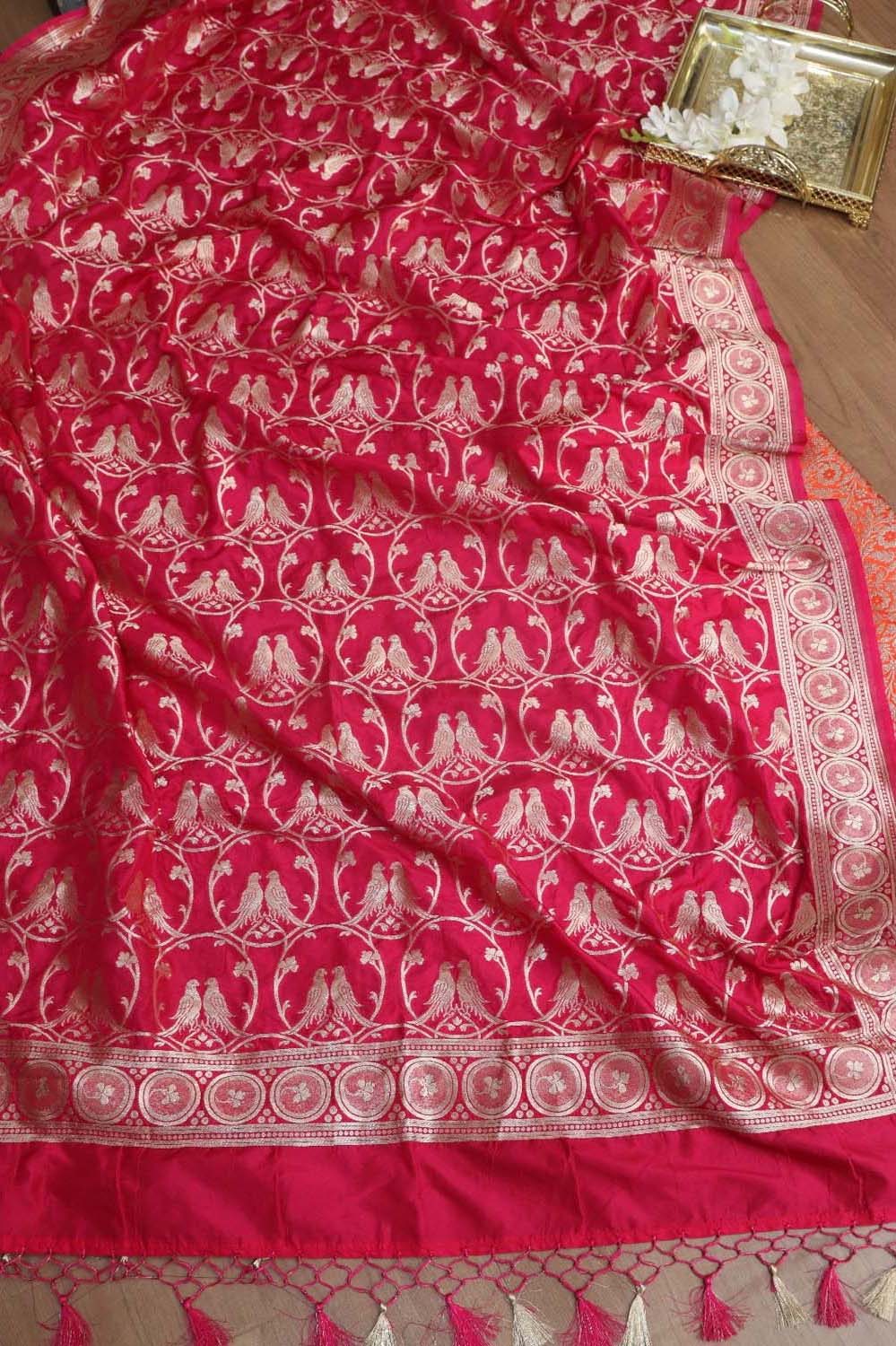 Orange Banarasi Silk Satin Zari Brocade Suit With Pink Banarasi Silk Parrot Design Dupatta - Luxurion World