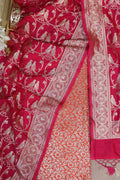 Orange Banarasi Silk Satin Zari Brocade Suit With Pink Banarasi Silk Parrot Design Dupatta - Luxurion World